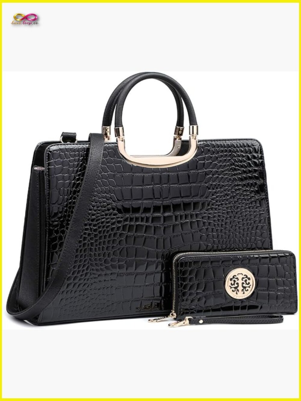 Vegan Leather Tote Satchel Work Bag with Wallet Set - Gold-Tone Hardware